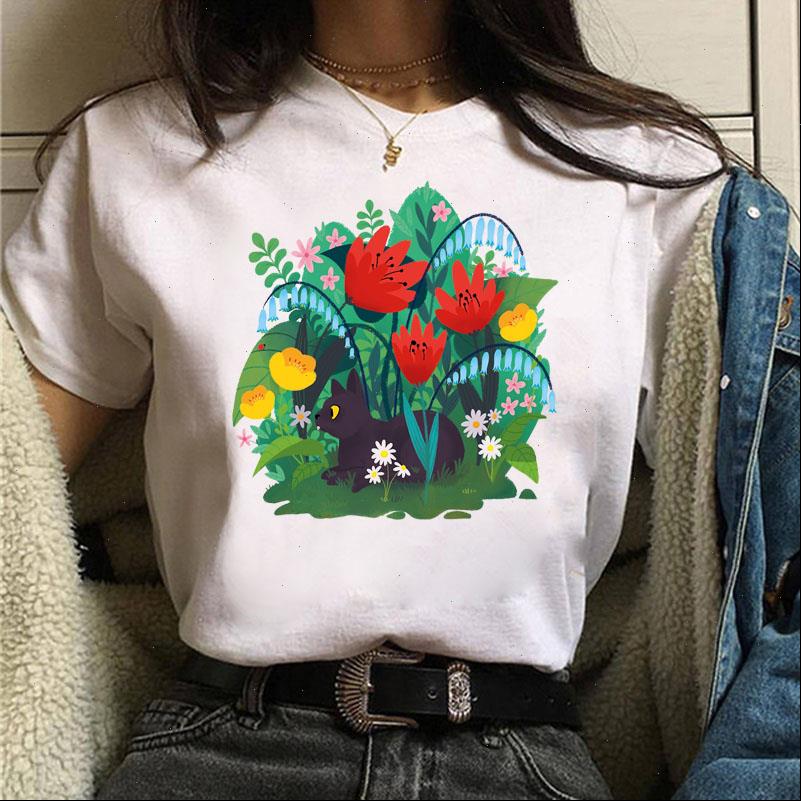 

Kawaii Flower Women T Shirt and Cat Print Harajuku Cartoon Tee Female Short Sleeve Tops Summer Woman, White