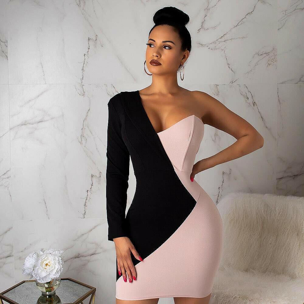 

irregular women dresses formal one shoulder long sleeve above knee mini dress double color patchwork evening party summer, Black;gray