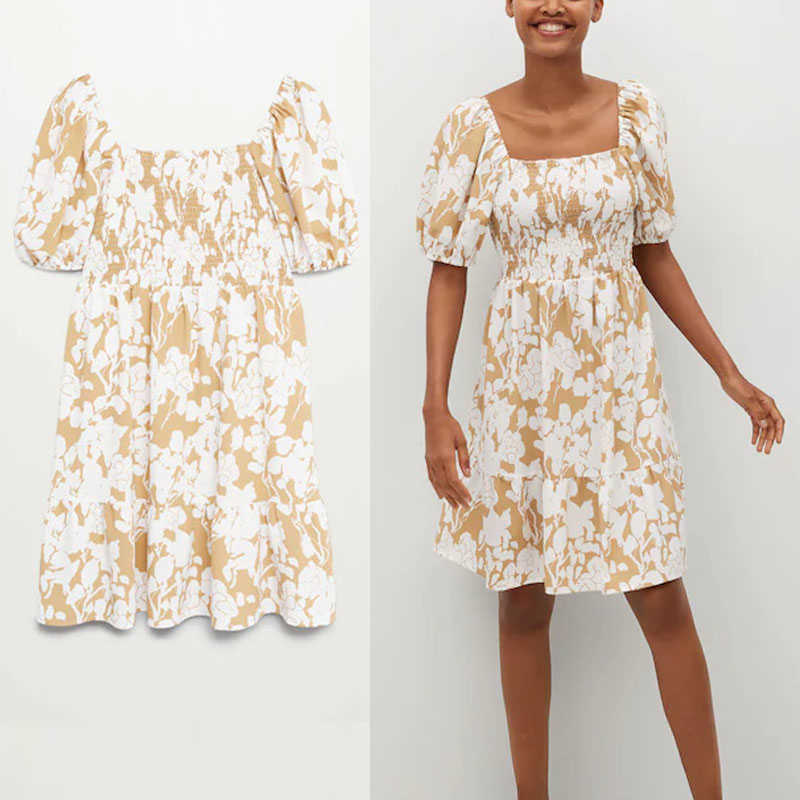 

Women Floral Print Summer Dress Za Short Puff Sleeve Elastic Panel Vintage Mini Dresses Woman Chic Square Neck Vestidos 210602, As picture