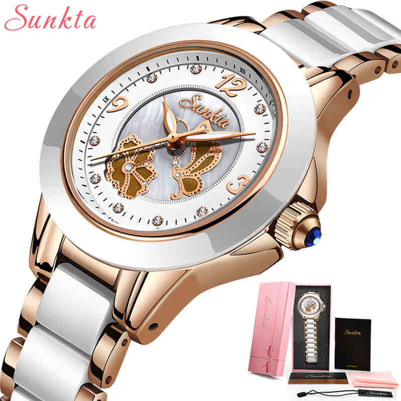 

SUNKTA Luxury Crystal Watch Women Waterproof Rose Gold Steel Strap Ladies Wrist Watches Top Brand Bracelet Clock Relogio Feminin 210517, Gold white