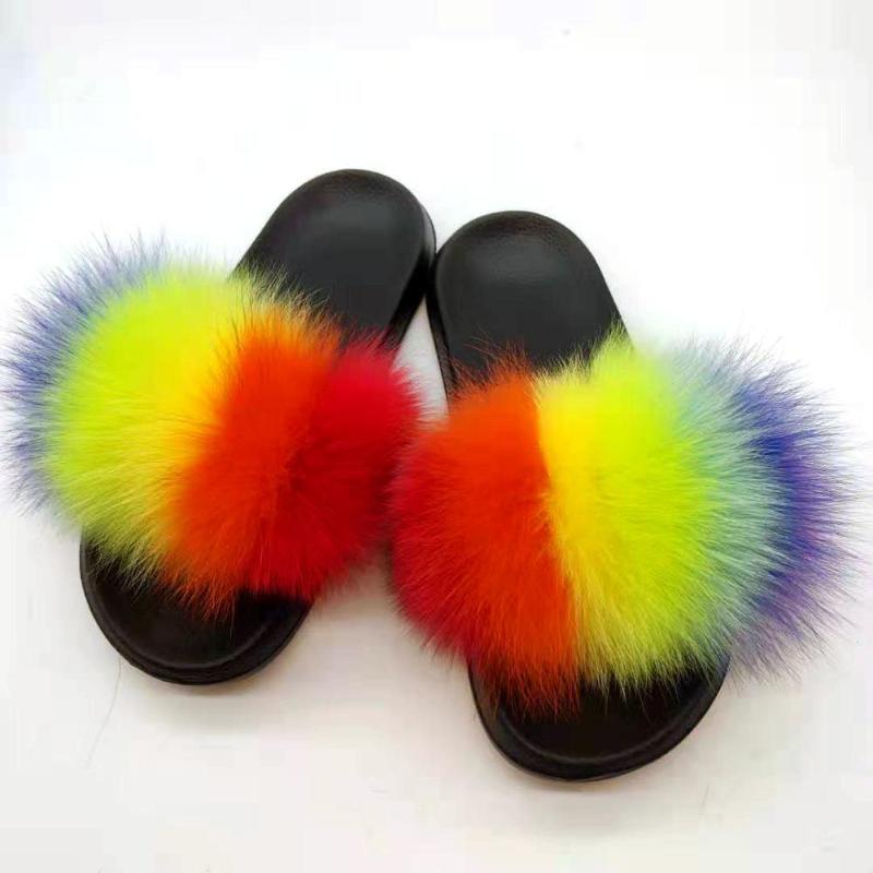 

Slippers Winter Fur Woman Fluffy Furry Sandals EVA Flip Flops Bedroom Home Shoes Flat Casual, Black