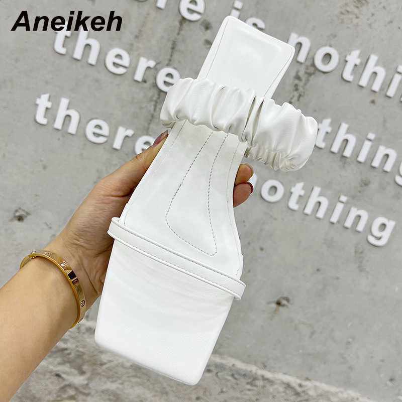 

Aneikeh Fashion Summer Women's Low Adult Slippers PU Pleated Shallow Slides Solid Outside Thin Heels Casua Concise White 210615, Black