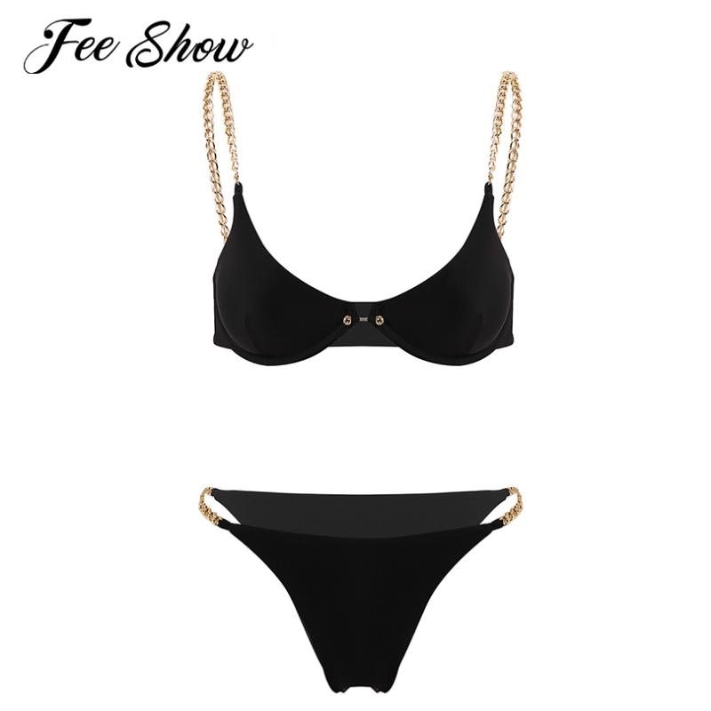 

Womens Sexy Swimsuit Hollow Out Bathing Suit Metal Chain Bikini High Cut Thong Swimwear Women Push Up Monokini Two-Piece Suits One-Piece