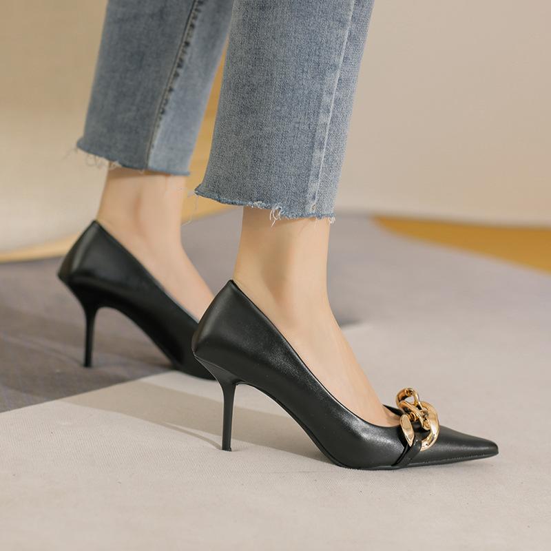 

Dress Shoes 2022 Women Pointed Toe Stiletto Pumps PU Leather High Heels Chain Wedding Zapatos Mujer, Black
