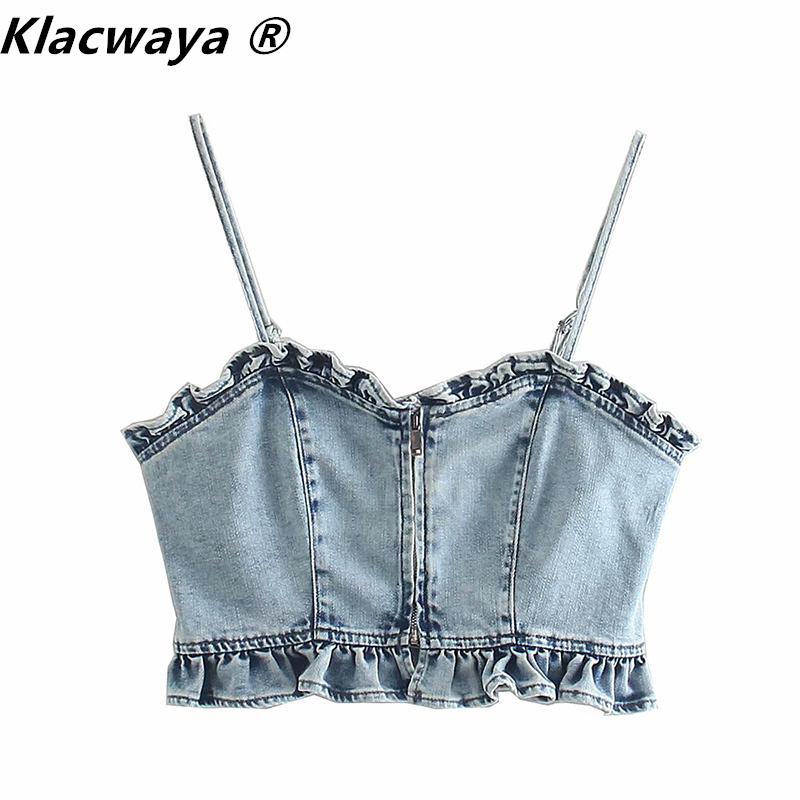 

Women Fashion Sling Ruffle Shirt Cropped Zipper Blouses Vintage Backless Female Shirts Chic Tops 210521, Denim blue