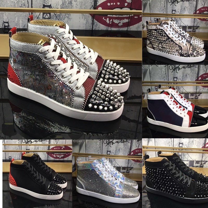 

2021 Men Women Red Bottom Casual Shoes Studded Spikes Fashion Platform Outdoor Sneakers Black White Silver Leather High Top Shoe Size 35-48 Box