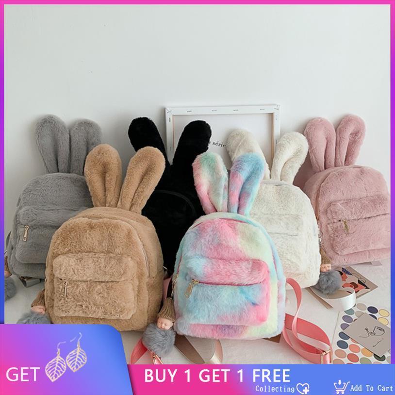 

cute faux fur mini backpack rabbit ear women travel shoulder bags fashion plush bagpack rucksack school bag for girls sac