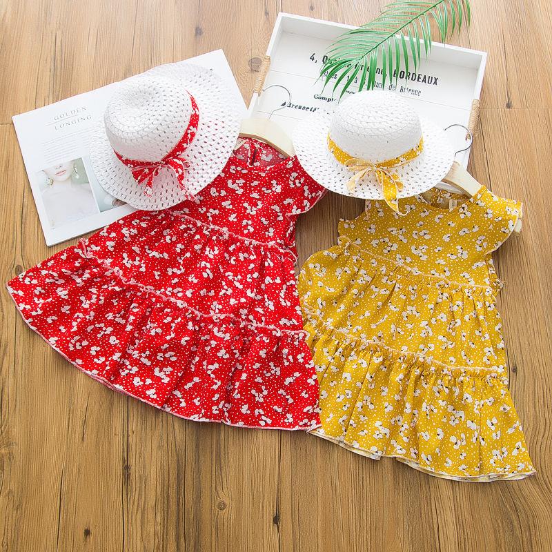 

Girl's Dresses 2021 Baby Girl Summer Dress Korean Fashion 2pcs Set Floral Sweet Dress+Straw Hat Play Holiday Cotton Children Princess, No 2
