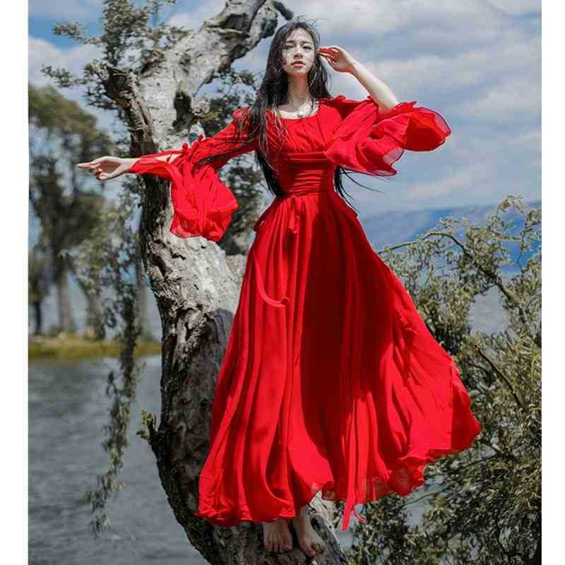 

Red Women's Vintage Flare Sleeve Fold High Waist Elegant Chiffon Mid Dress Big pendulum Bohemian Beach Long White Female 210525