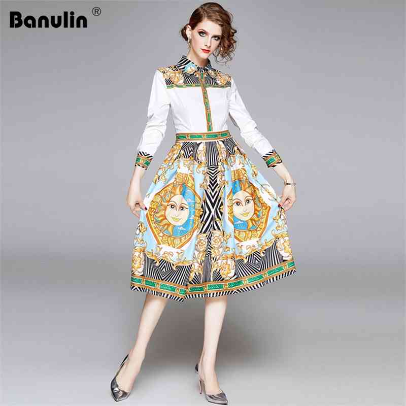 

Banulin Autumn Fashion Designer Vintage Shirt Dress Women Long Sleeve Turn Down Collar Cartoon Print Striped Runway Midi 210603, White