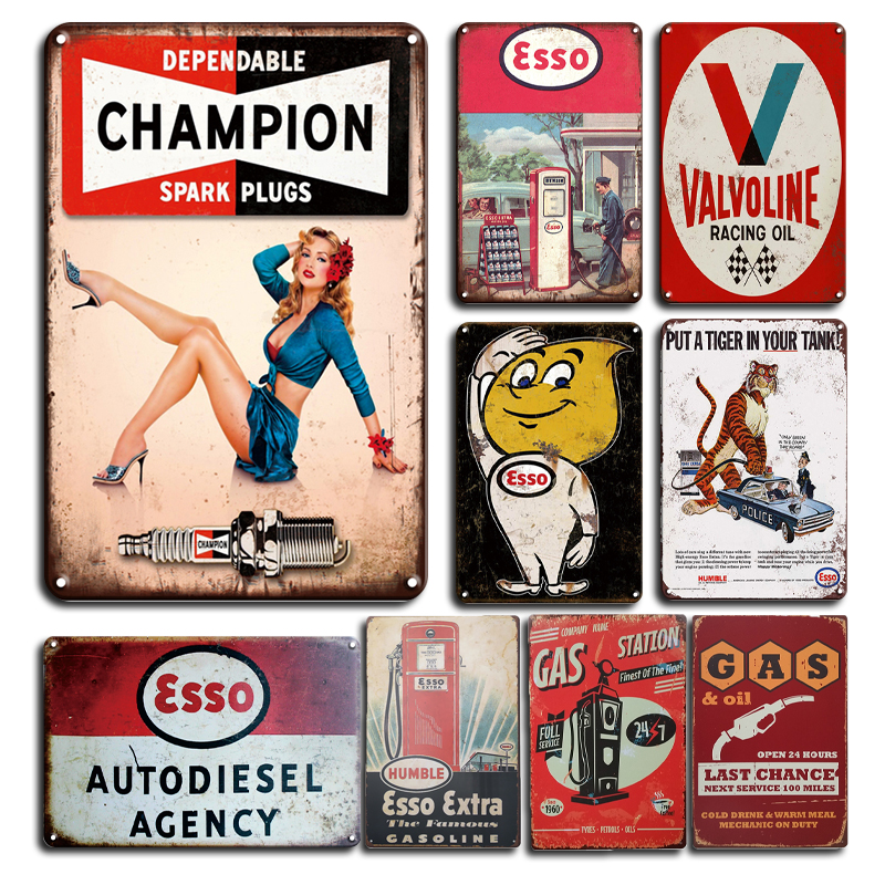 

Metal Painting Esso Extra Motor Oil Metal Tin Sign Vintage Champion Spark Plug Tin Plate Sign Retro Gas Station Decor Personalized Metal Plaque 20*30 cm