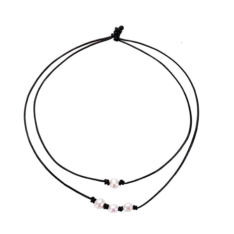 Chokers Kalapure Women&#039;s Cultured Freshwater Pearls Choker Necklace Sets Black Genuine Leather Cord Knotted Handmade Jewelry Gift-image-700142278