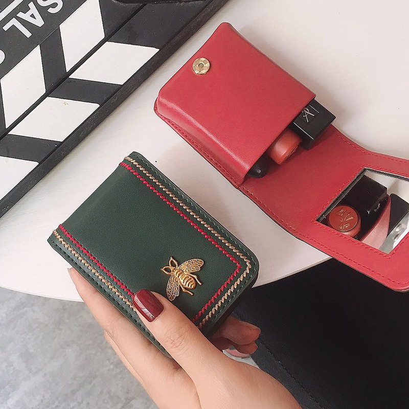 

Embroider Mouth Red Envelope Small Portable Make-up Belt Mirror Genuine Leather Bee Storage Box Mini Soft