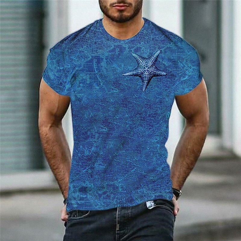 Men's T shirt 3D Print Graphic Starfish Crew Neck Daily Sports Print Short Sleeve Tops Casual Classic Designer Big and Tall Blue Royal Blue