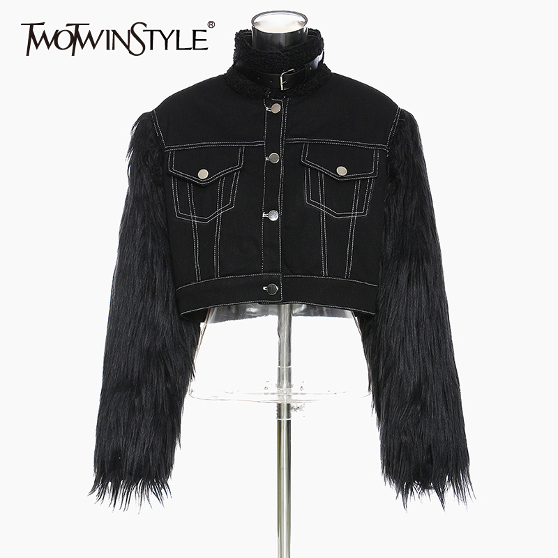 

Casual Splicing Fluff Jacket For Women Turtleneck Long Sleeve Short Jackets Female Fashion Clothing Fall 210524, Black