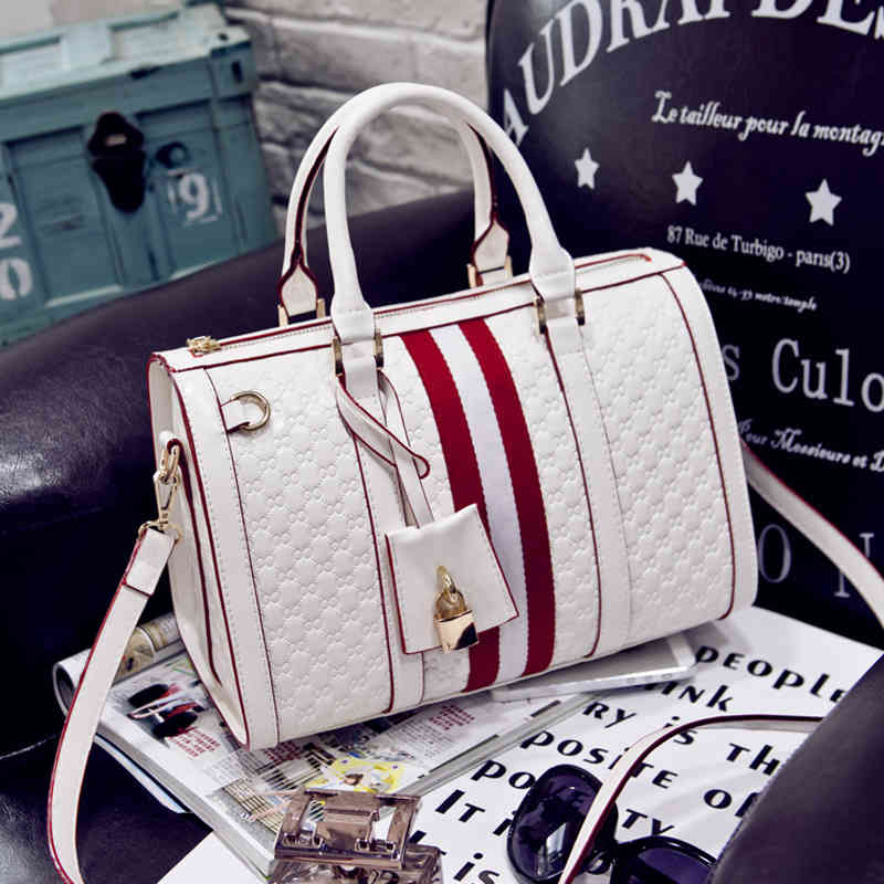 

Black/White Retro Luxury Boston Bags Women's Handbags Designer Brand Striped Large Leather Crossbody/Shoulder