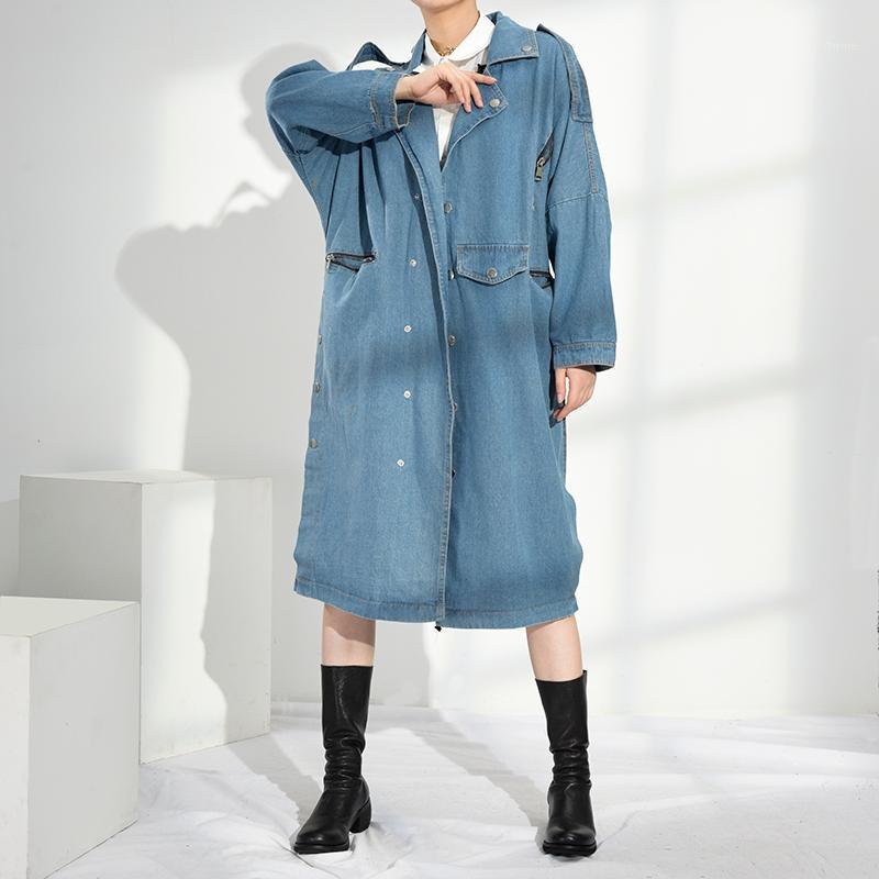 

Women' Trench Coats LANMREM Women Denim Long Coat Famale 2021 Autumn Winter Turn-down Collar Sleeves Double Breasted Windbreaker WJ302, Blue