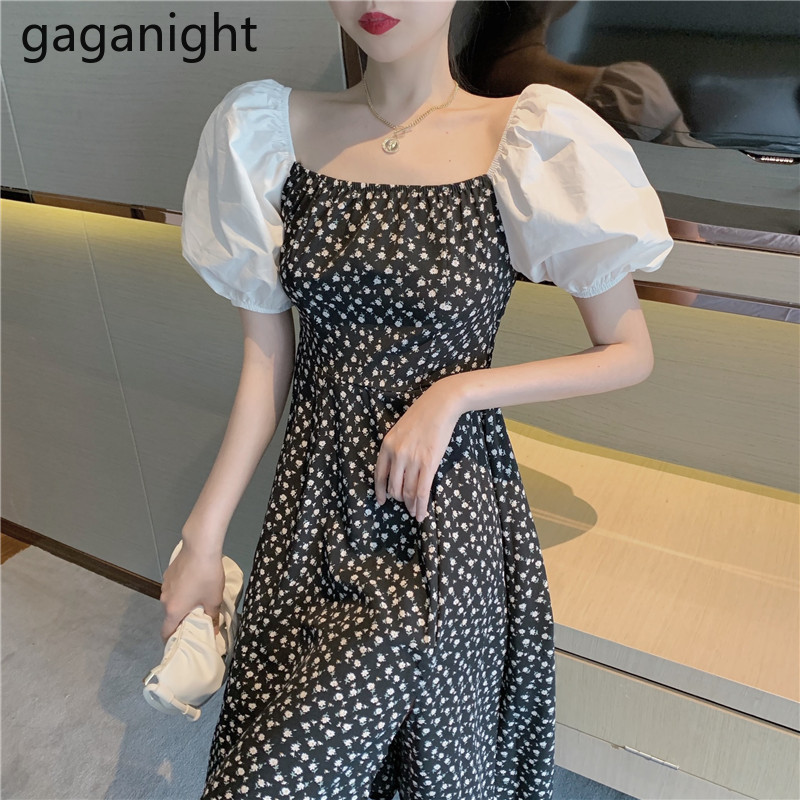 

Gaganight Korean Floral Print Side Split Patchwork Vestido Puff Sleeve French Vintage Summer Elegant Slim High Waist Women Dress 210519, Black