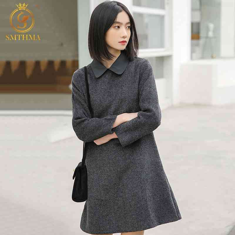 

Spring Autumn Woolen Vintage Grey Dress A-Line Elegant Long Sleeve Loose Temperament Lady Female Vestidos 210520, Photo color