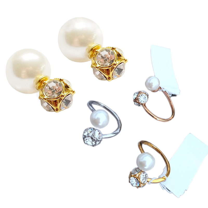 

Pearl Earrings Rings Sets Crystal Ear Studs Opend-end Rings