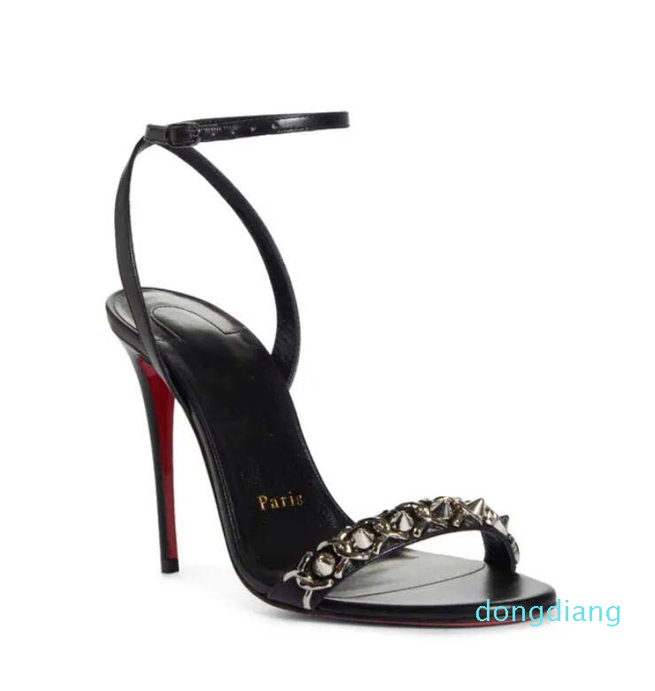 

Luxury-Women Sandals High heels Red bottom spiked shoes Loubigirl Spike Chain Ankle Strap Sandal In Black leather sexy feet open toe