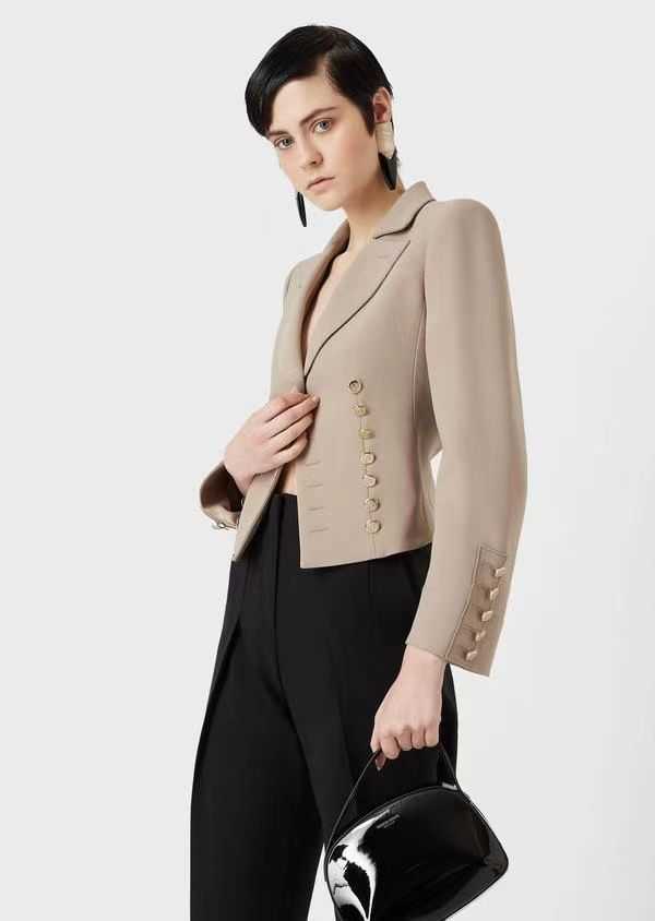 

[DEAT] Notched Collar Elegant Temperament Double Row Metal Buckle Waist Short Suit Coat For Women Spring And Summer 210527, Picture color