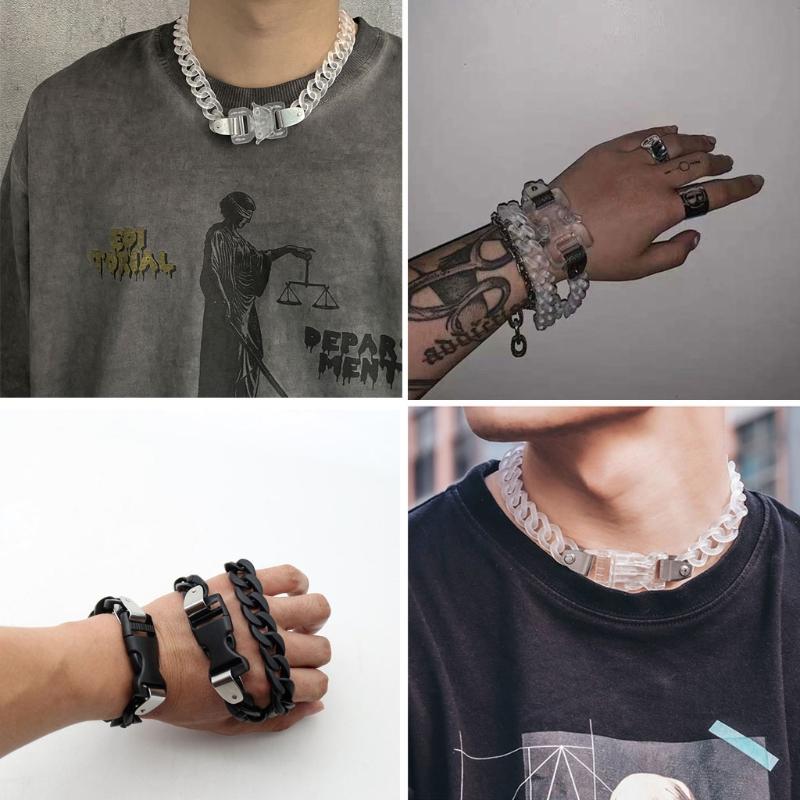 

2Pcs Acrylic Chain Buckle Bracelet Necklace Rock Punk Transparent Chokers Earrings &, Silver