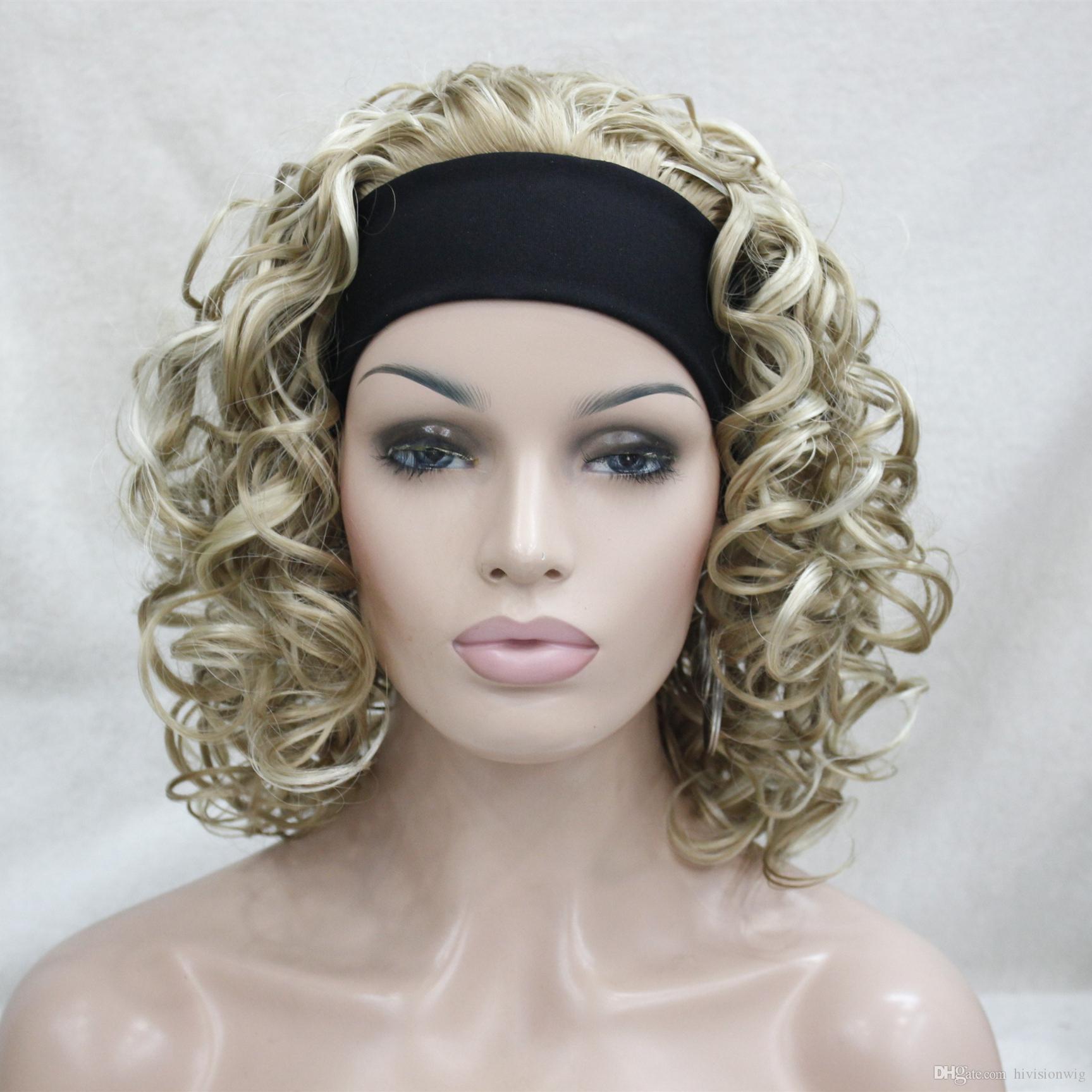 

New Hot super sexy Blonde mix 3/4 with headband Medium curly women's half wig