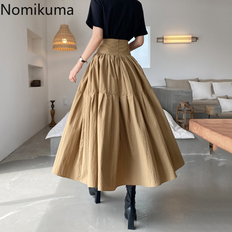 Nomikuma Korean Summer A-line Woman Skirts Causal A-line Elegant Pleated High Waist Skirt New Faldas Mujer Moda 6G665 210427