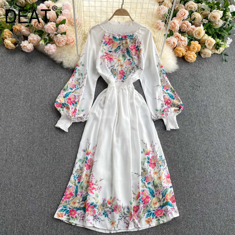 

DEAT Spring Arrivals Print Round Collar Puff Sleeve High Waist Loose Vintage Style A-line Dress MZ509 210709, White