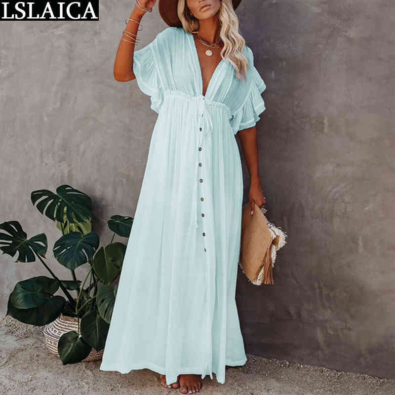 

Fashion Bohemian Dressbackless Strappy Deep V Neck Sexy Women Dresses Summer Solid Color Casual Loose Kleider Damen 210520, Red