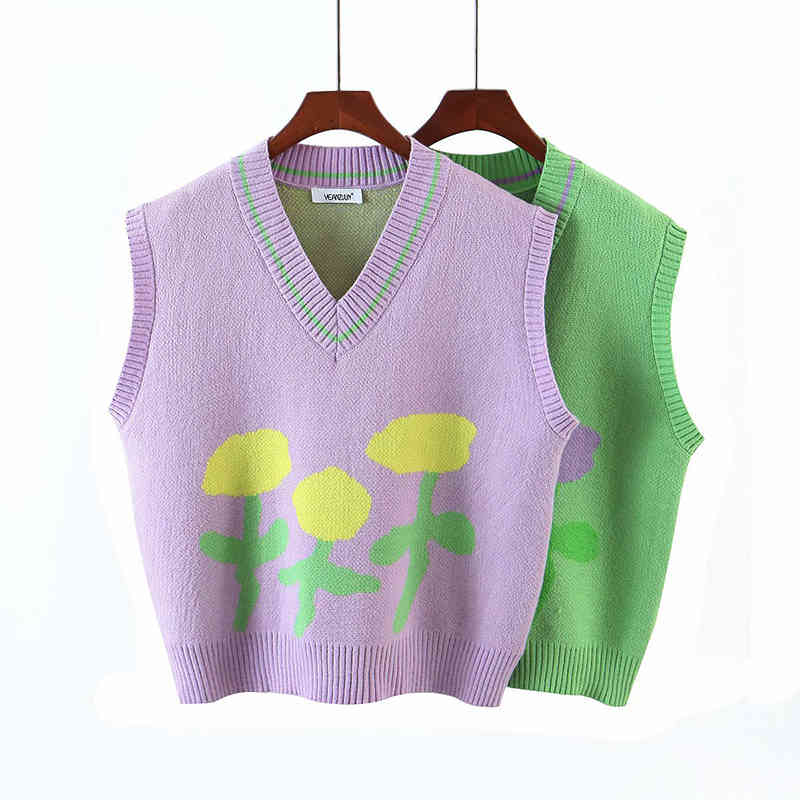 

Women's Retro Hit Color Flowers Sleeveless V-Neck Chic Knit Vest All-Match Basic Sweater Spring And Autumn 210521, Light green