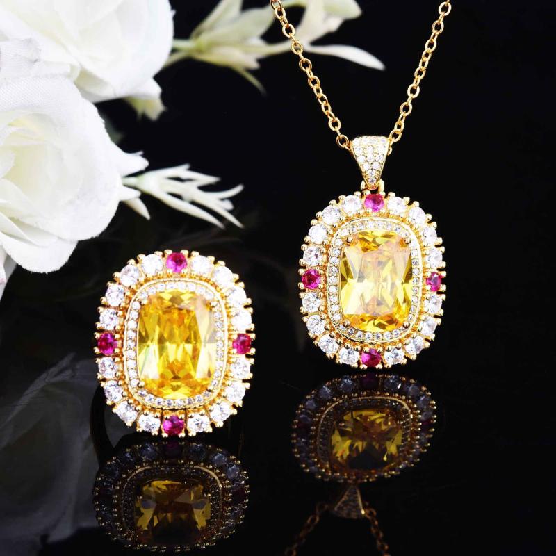 

Earrings & Necklace Luxury Gold Plated Jewelry Sets For Women Colorful Gemstone Topaz Stone Pendant Ring Female Wedding Engagement, Silver
