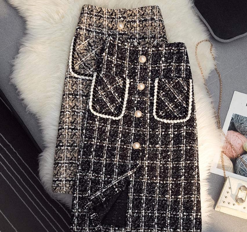 

small fragrance tweed slim womens skirts a line winter single breasted knee length plus size, Black