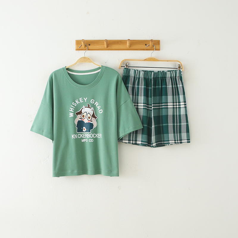 

2021ATUENDO Summer Avocado Green Pajama Sets for Women 100% Cotton PJS Atoff Home Sleepwear Fashion Cute Cartoon Silk Soft Nightwear, Black;red