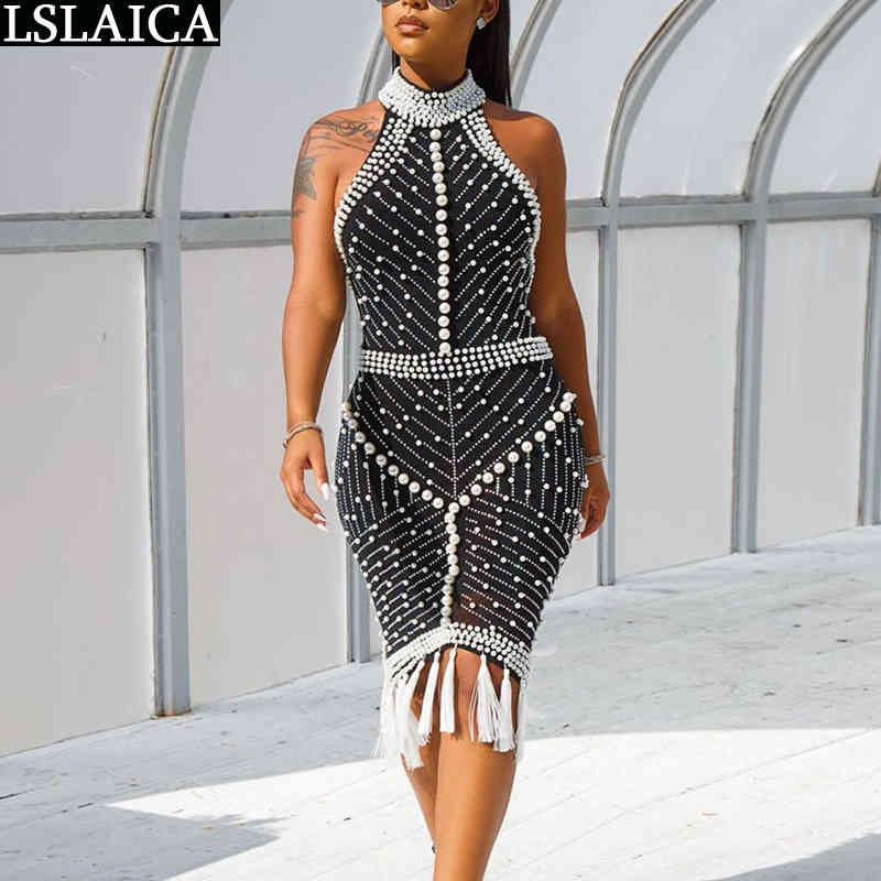 

Elegant Dress for Women Fashion Pearl Tassels Halter Sleeveless Midi Sexy Backless Evening Party Club Summer 210520, White