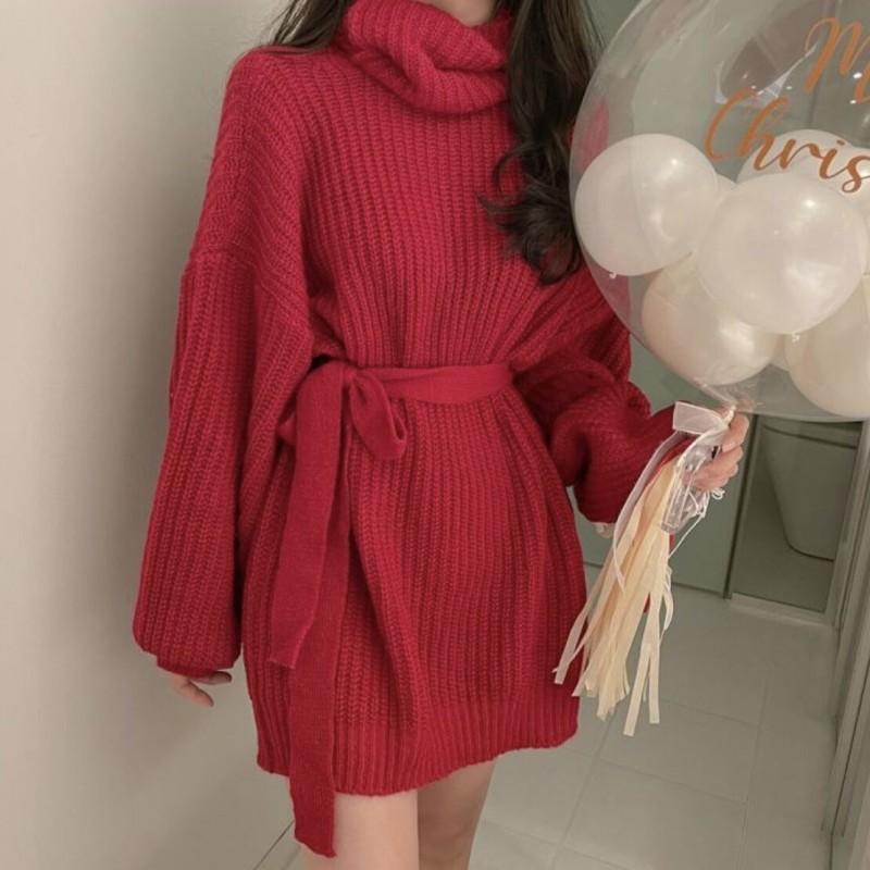 

Casual Dresses Female Autumn Winter Knitwear Dress Loose Two Piece Set Solid Mock Neck Thick Warm Knitted Pullover Women Long Sweaters, Gray