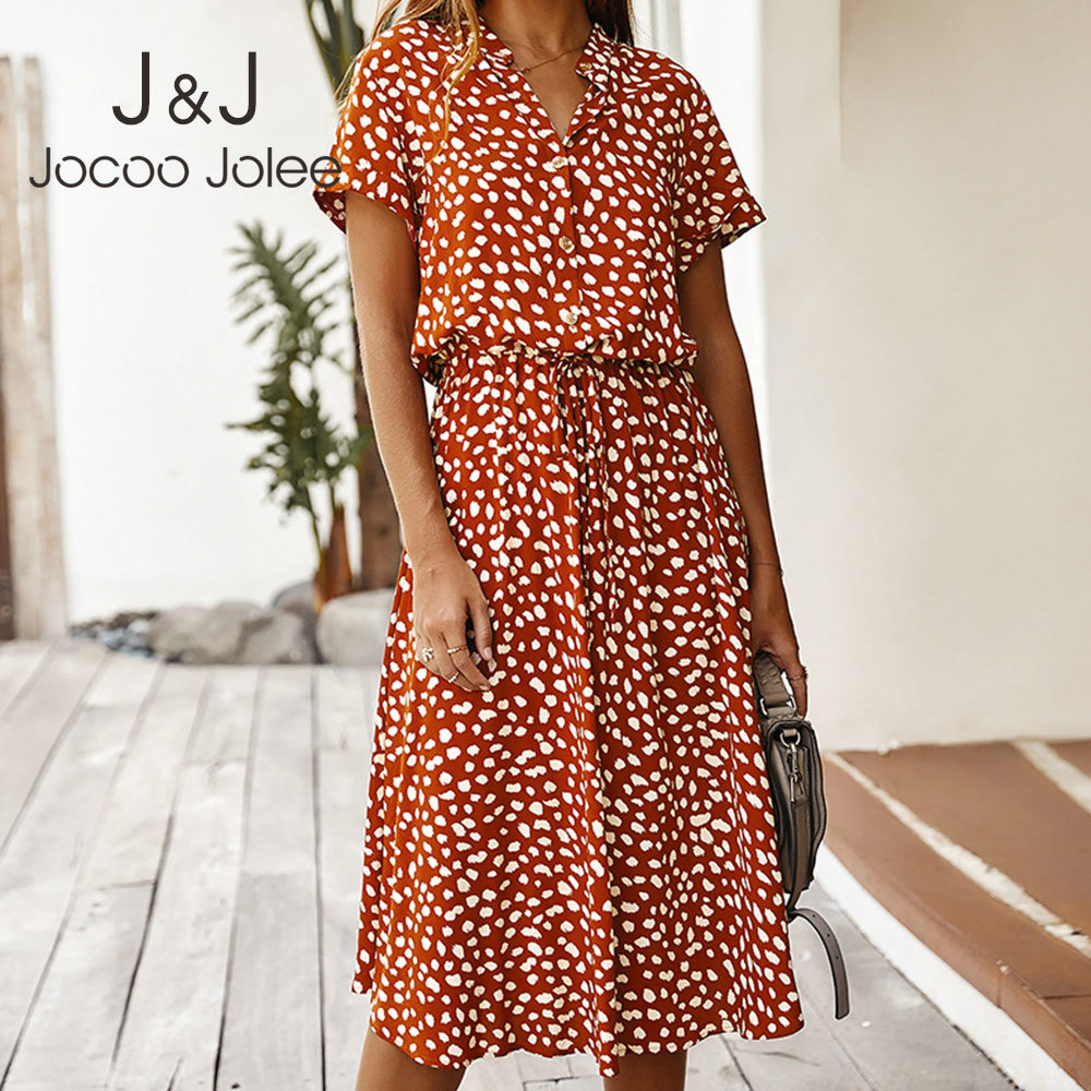 

Women Elegant Dot Print Chiffon Dress Casual Maxi Long Dress Summer Short Sleeve V Neck Drawstring Waist Party Beach Sundress 210518, Orange