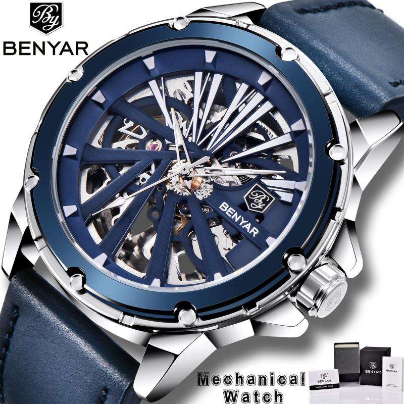 

Wristwatches BENYAR 2021 Fashion Business Waterproof Watch Men Top Brand Casual Genuine Leather Men's Watches Skeleton Dial Reloj Hombre, Silver blue