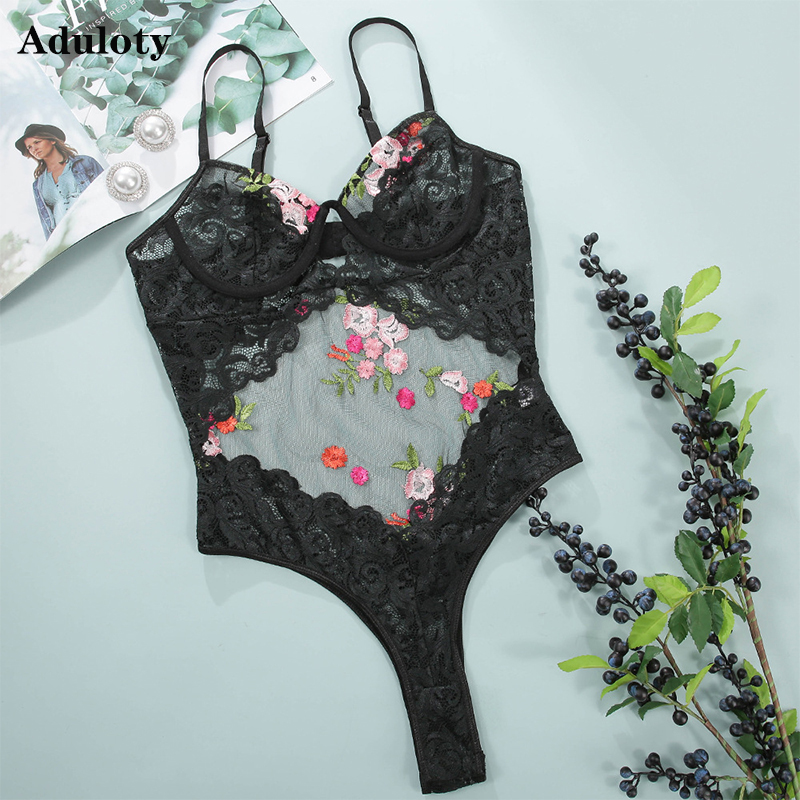 

New WomensTeddy bodysuit Lace Embroidered lingerie underwire Bra Sexy Backless Mesh See-through Underwear Thong One-piece Suit, Red