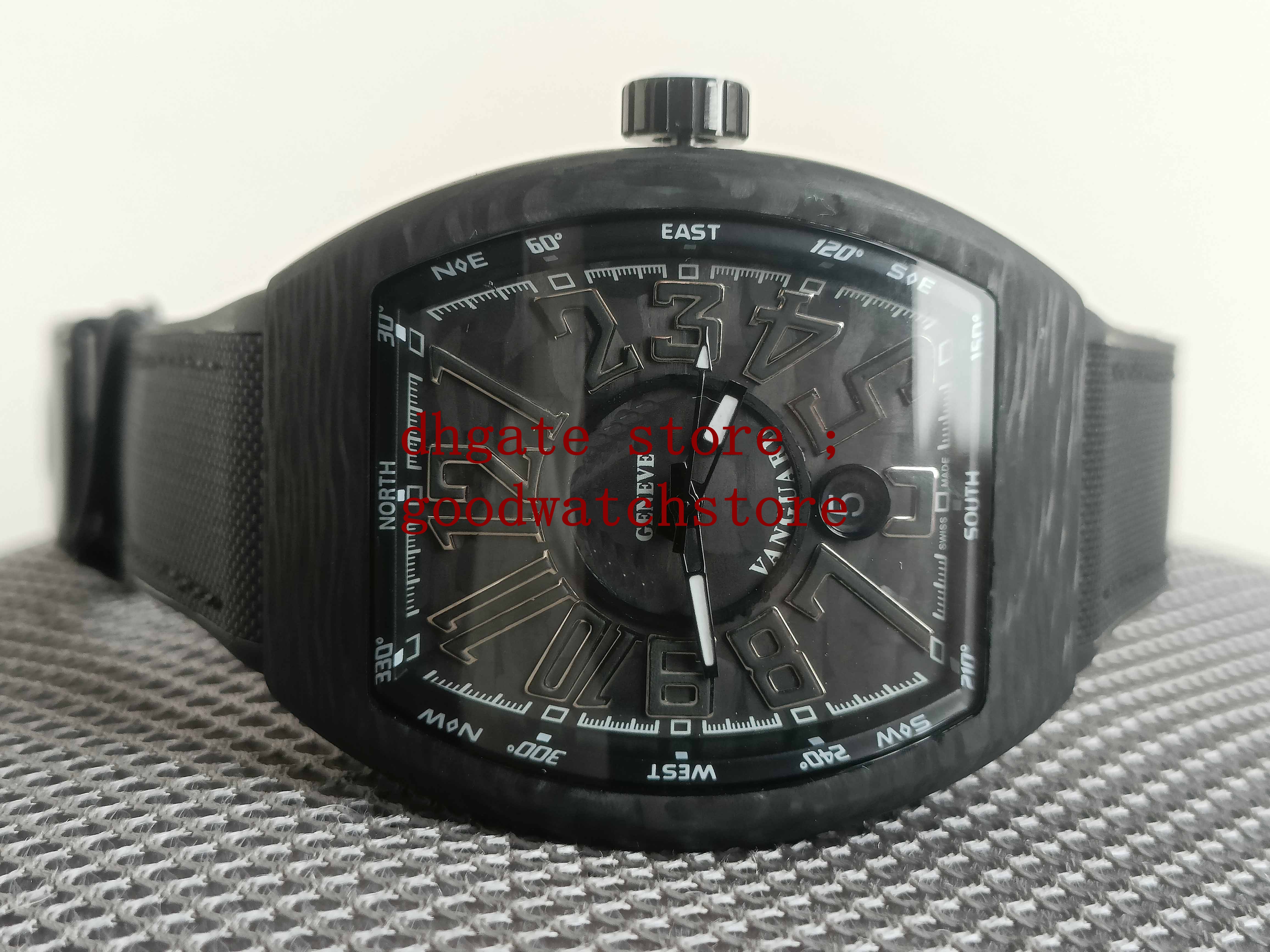 

Men's Quality 45mm Wristwatches V 45 SC DT NR Black carbon fiber dial Vanguard PVD Automatic Mens Watch Rubber Strap Gents ETA 9015 Watches