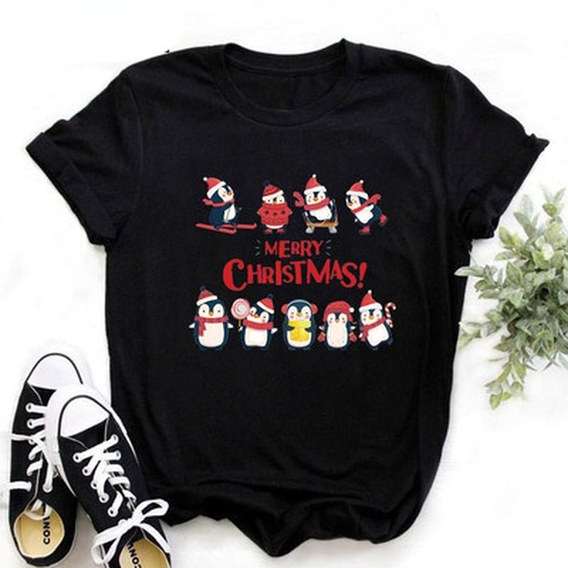 

Merry Christmas Women's Black T-shirt Cute Happy Penguin Print Short Sleeve Top O Neck Fashion Clothes, White