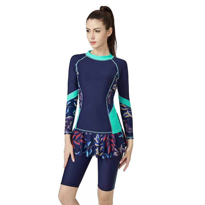 

Women Solid Long Sleeve Rash Guard Two Pieces Swimsuit 1Set Bathing Suits Surfing Pad Knee Length Pants Beach SwimWear One-Piece