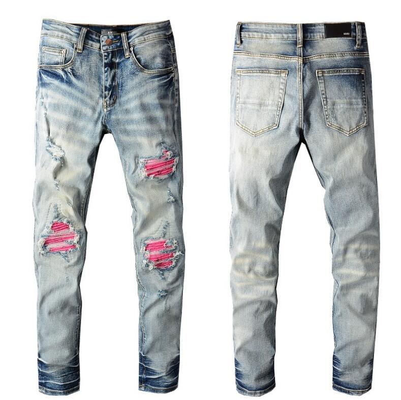 

21SS European and American high street fashion brand men Designer Jeans Ripped Biker Slim Fit Motorcycle Denim Mens Top Quality Fashion jean, Blue