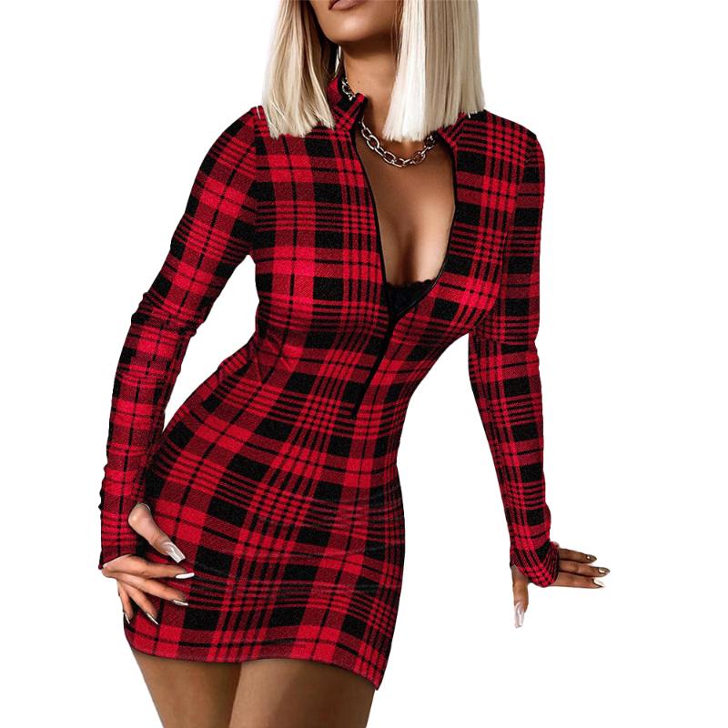 

Casual Dresses Sexy V-Neck Bodycon Women Zipper Knit Long Sleeve Short Dress Slim Fit Vestidos Plaid Print Female Mini, Black;gray