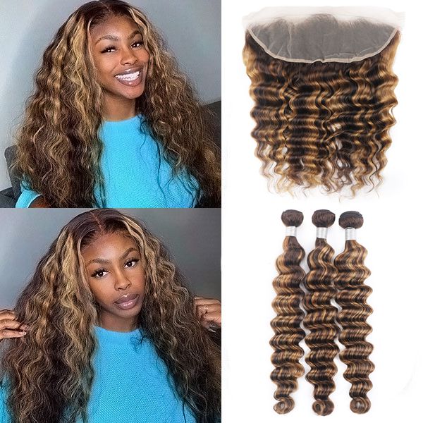 

Ishow Transparent Lace Frontal Highlight Loose Deep Human Hair Bundles with Closure Body Wave 3/4 Pcs Straight Kinky Curly for Women 8-28inch Ombre Color