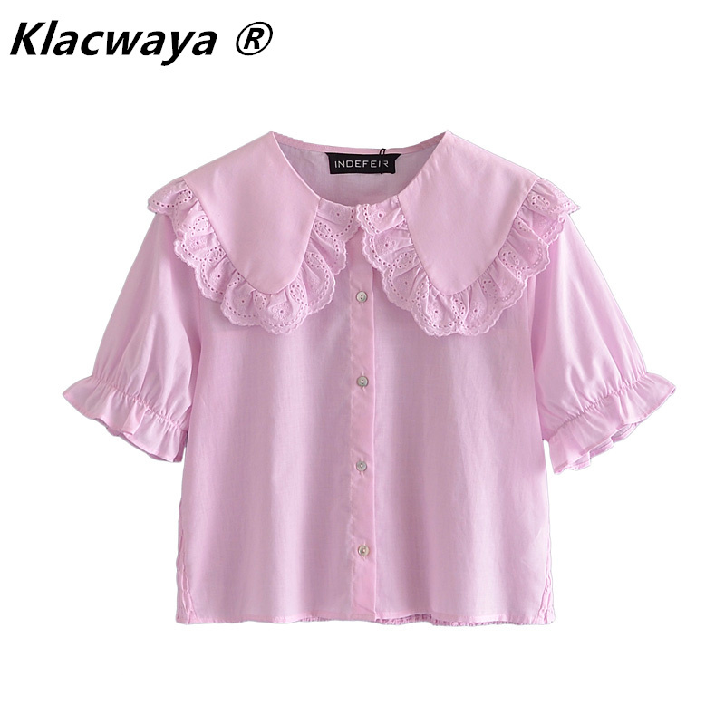

Women's Summer Fashion All-Match Loose Doll Collar Embroidered Single-Breasted Back Elasticity Shirt Top 210521, Pink