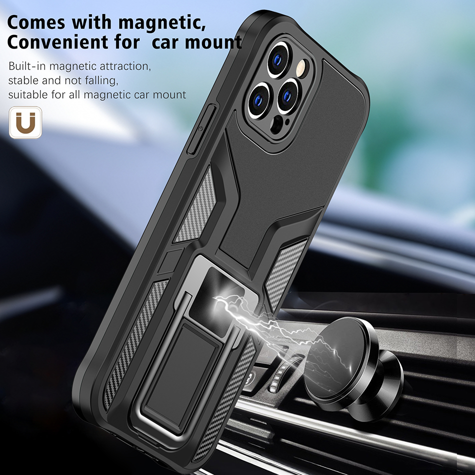 

Premium Bracket Work With Magnetic Car Holder Cell Phone Cases for iPhone 12 11 Pro Max XR XS 8 7 Samsung S21 S20 Note20 Plus Ultra Shock-Absorbing Corners Cover, Black