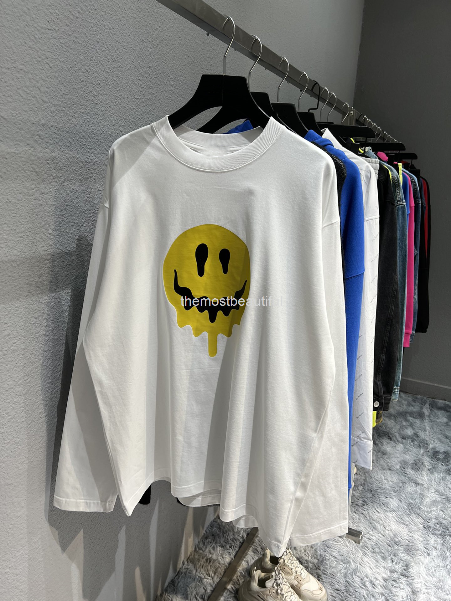 

Women's T-Shirt Autumn and winter high version b family smiling face printing skeleton h embroidery with Pullover round neck loose men's women's same, 2# packing bag