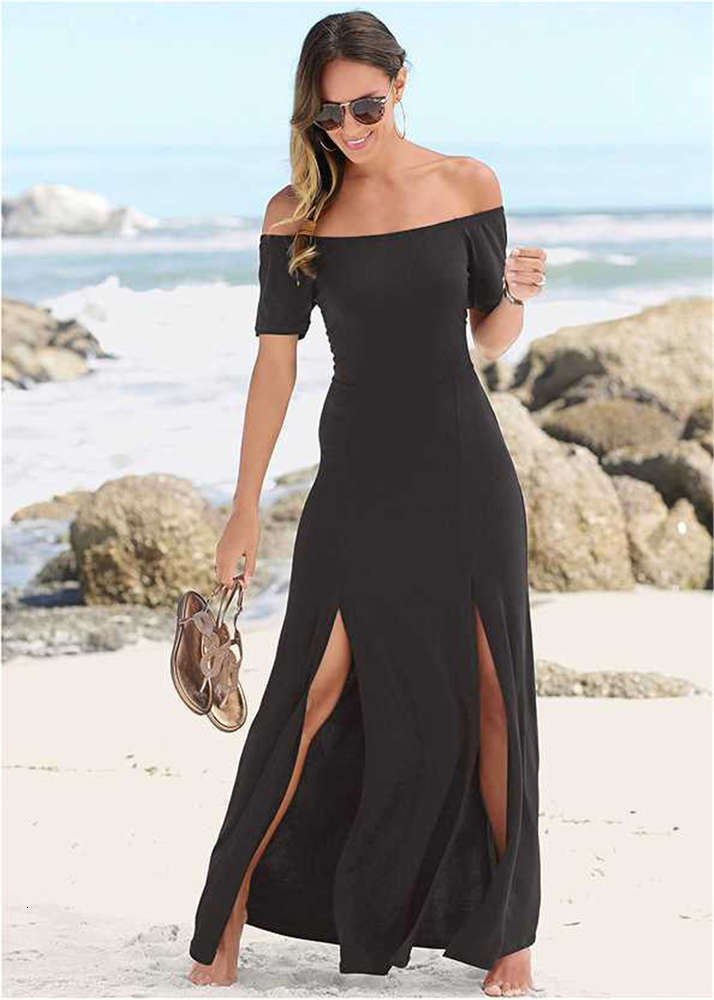 

Irregular split dress women's summer shoulder short sleeve French, Black;gray